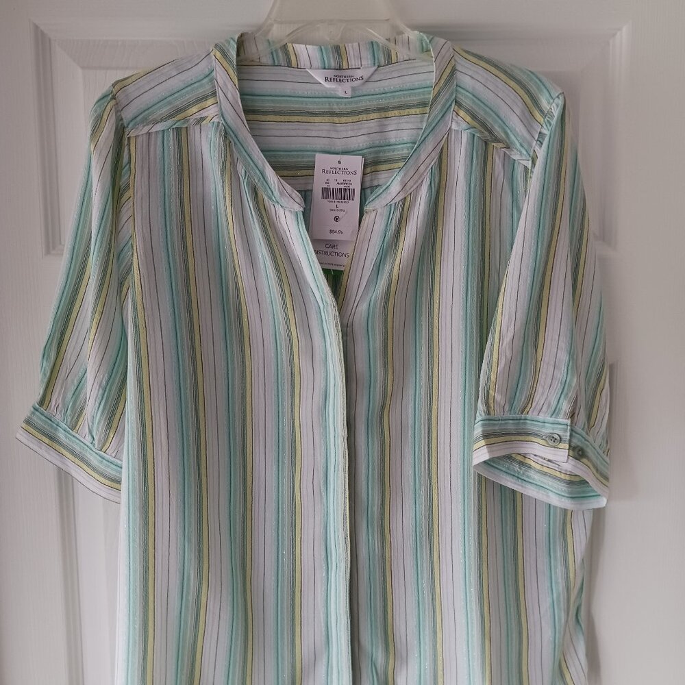 New Northern Reflections Women's Blouse White Striped Short Sleeve Size Large